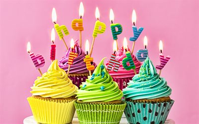 お誕生日おめで, 休日カップケーキ, ご挨拶カード, カップケーキとキャンドル, 誕生日ケーキ, お菓子, ケーキ