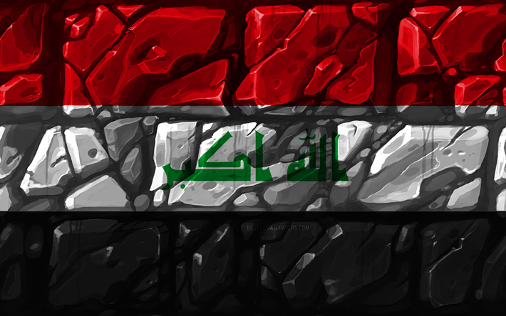 Bandera iraqu&#237;, brickwall, 4k, los pa&#237;ses Asi&#225;ticos, los s&#237;mbolos nacionales, la Bandera de Irak, creativo, Irak, Asia, Irak 3D de la bandera
