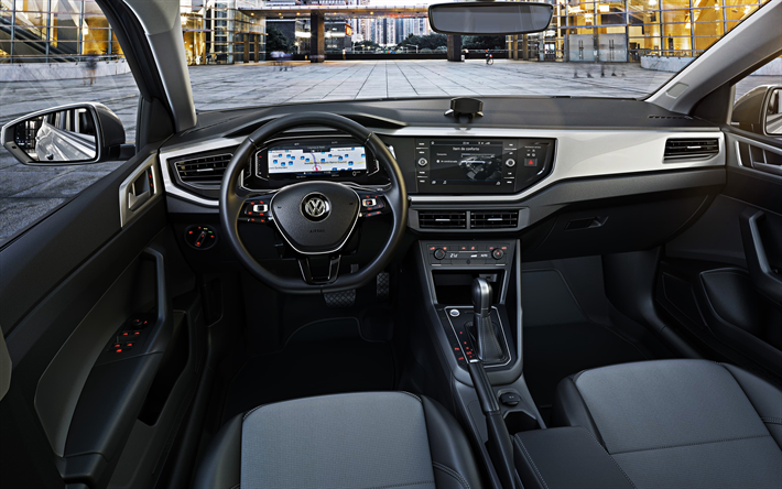 Volkswagen Polo, 2019, 4k, vista interior, en el interior, el nuevo Polo sed&#225;n coches alemanes, Volkswagen