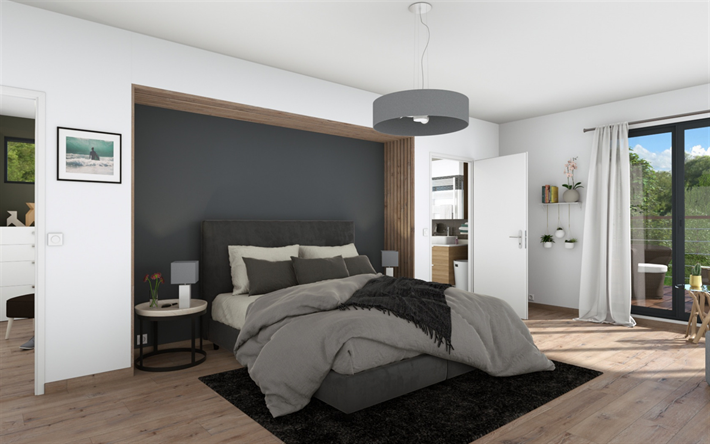 bedroom, stylish interior design, white gray bedroom, white walls, wooden panels in the interior