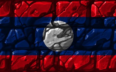 laotische flagge, brickwall, 4k, asiatischen l&#228;ndern, die nationalen symbole, die flagge von laos, kreativ, laos, asien, laos 3d flag