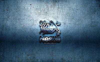 ネスレの金属のロゴ, 青色の金属の背景, 作品, ネスレ様, ブランド, ネスレの3Dロゴ, 創造, ネスレのロゴ