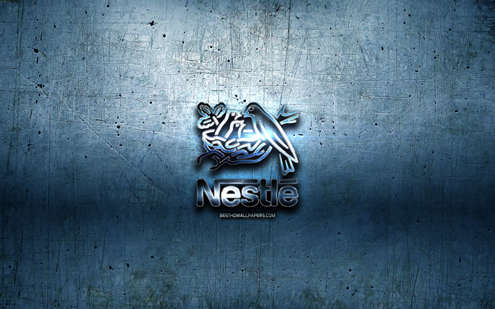 Nestle in metallo con logo, blu metallo, sfondo, arte, Nestle, marche, Nestle logo 3D, creativo, Nestle logo