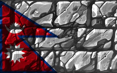 Nepalin lippu, brickwall, 4k, Aasian maissa, kansalliset symbolit, luova, Nepalissa, Aasiassa, Nepalin 3D flag