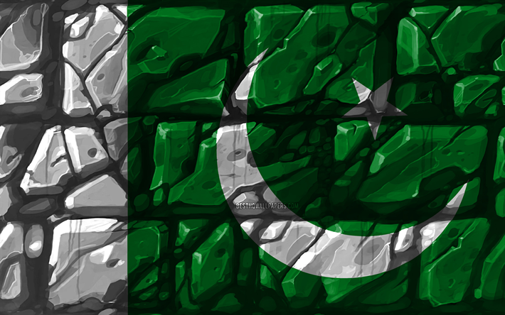 Pakistanin lippu, brickwall, 4k, Aasian maissa, kansalliset symbolit, luova, Pakistan, Aasiassa, Pakistanin 3D flag