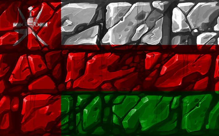 omanische flagge, brickwall, 4k, asiatischen l&#228;ndern, die nationalen symbole, die flagge von oman, kreativ, oman, asien, &#246;sterreich 3d flagge