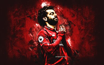 Mohamed Salah, Liverpool FC, portr&#228;tt, Egyptisk fotboll spelare, anfallare, red kreativ bakgrund, kreativ konst, Premier League, England, fotboll, Fel