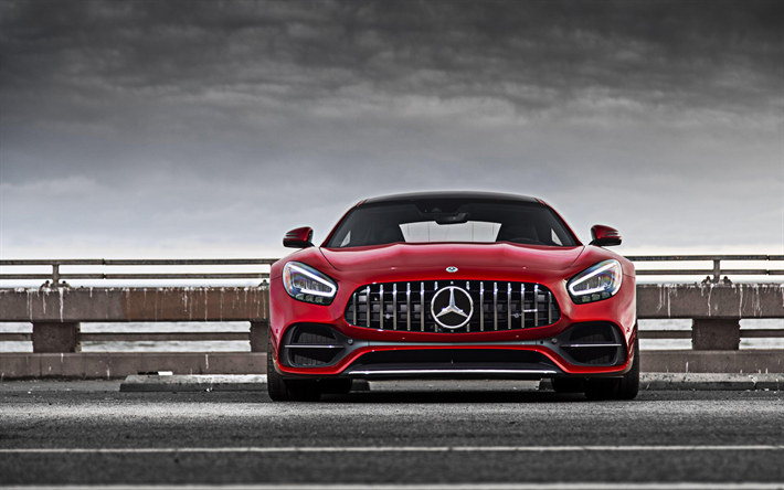 Mercedes-AMG GT C, 4k, vista de frente, 2019 coches, HDR, aparcamiento, C190, 2019 Mercedes-AMG GT C, los coches alemanes, Mercedes