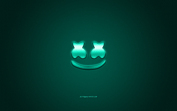 Marshmello logo, vert brillant logo, Marshmello embl&#232;me m&#233;tallique, le DJ Am&#233;ricain, Christopher Comstock, vert en fibre de carbone texture, Marshmello, marques, art cr&#233;atif