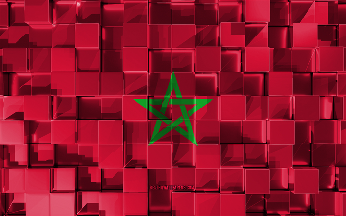 Flaggan i Marocko, 3d-flagga, 3d kuber konsistens, Flaggor i Afrikanska l&#228;nder, 3d-konst, Marocko, Afrika, 3d-textur, Marocko flagga