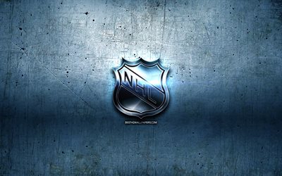 NHL metal logosu, Ulusal Hokey Ligi, mavi metal arka plan, sanat, NHL, markalar, NHL 3D logo, yaratıcı, NHL logosu