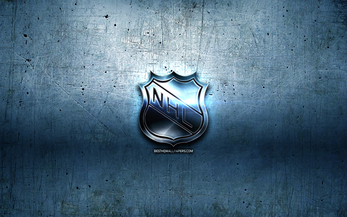 NHL metal logo, Liga Nacional de Hockey, de metal de color azul de fondo, obras de arte, NHL, marcas, NHL logo en 3D, creativo, logotipo de la NHL