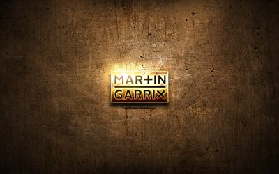 Martin Garrix golden logotyp, musik stj&#228;rnor, brun metall bakgrund, kreativa, Martin Garrix logotyp, namn logotyp, Martin Garrix