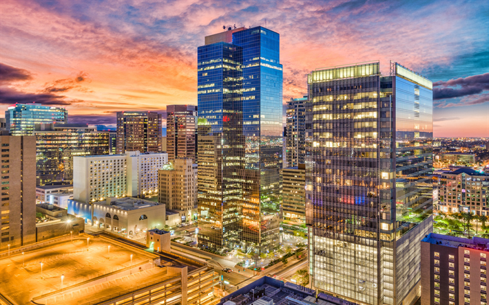 Phoenix, 4k, modern buildings, sunset, Arizona, USA, american cities, America, City of Phoenix, Cities of Arizona, HDR
