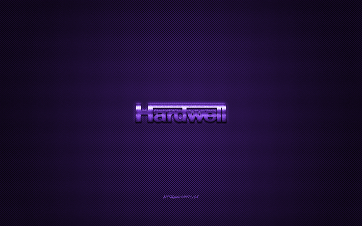 Hardwell logo, mor parlak logo, Hardwell metal amblem, Hollandalı DJ Robbert van de Corput, mor karbon fiber doku, Hardwell, markalar, yaratıcı sanat
