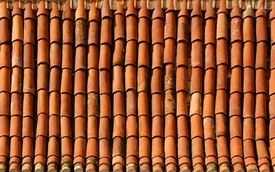 vecchie mattonelle di tetto texture, macro, vecchio tetto, marrone ondulato sfondo, mattonelle di tetto texture