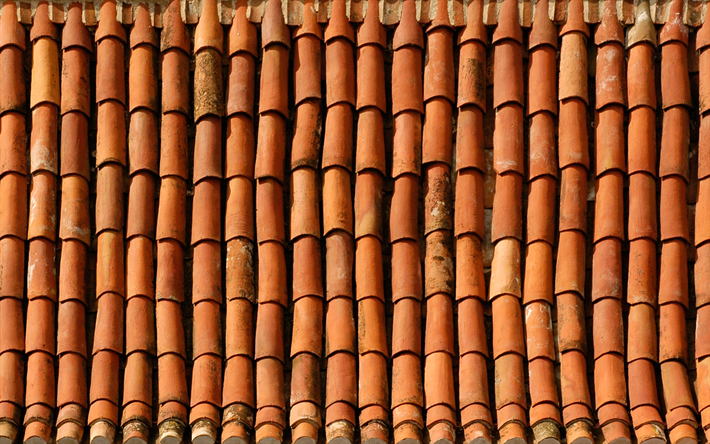 vieux toit de tuiles texture, macro, vieux toit, brun ondul&#233; de fond, toit en tuiles textures
