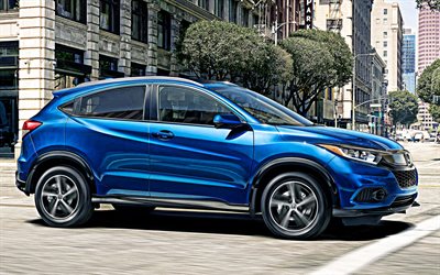 honda hr-v, 2019, 4k, exterieur, side view, kompakten crossover, new blue hr-v, japanische autos, honda
