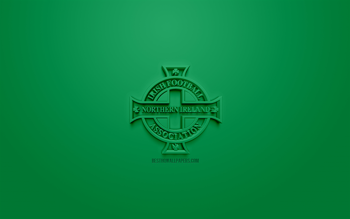 Pohjois-Irlannin jalkapallomaajoukkue, luova 3D logo, vihre&#228; tausta, 3d-tunnus, Pohjois-Irlanti, Euroopassa, UEFA, 3d art, jalkapallo, tyylik&#228;s 3d logo