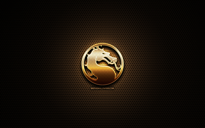 Mortal Kombat glitter logo, yaratıcı, metal ızgara arka plan, Mortal Kombat, logo, marka
