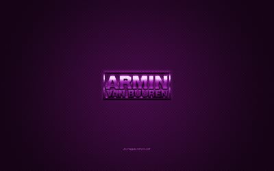 Armin van Buuren logotipo, púrpura brillante logotipo, Armin van Buuren emblema de metal, holandés DJ, púrpura textura de fibra de carbono, Armin van Buuren, marcas, arte creativo