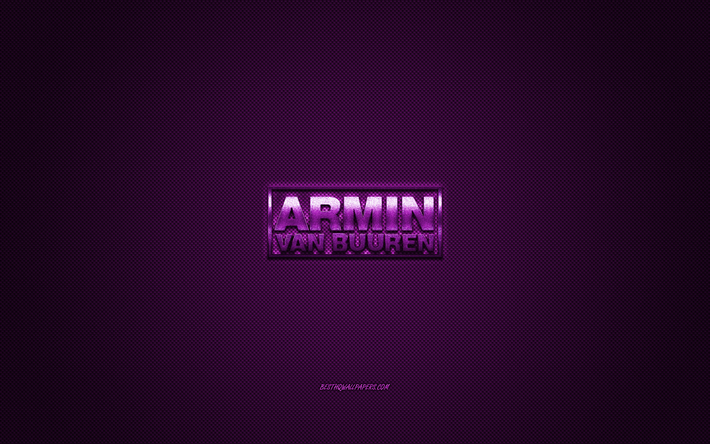 Armin van Buuren logo, mor parlak logo, Armin van Buuren metal amblem, Hollandalı DJ, mor karbon fiber doku, Armin van Buuren, markalar, yaratıcı sanat
