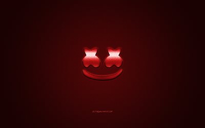Marshmello logo, rouge brillant logo, Marshmello embl&#232;me m&#233;tallique, le DJ Am&#233;ricain, Christopher Comstock, rouge en fibre de carbone texture, Marshmello, marques, art cr&#233;atif