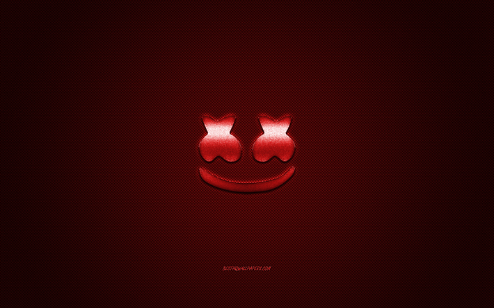 Marshmello logo, punainen kiilt&#228;v&#228; logo, Marshmello metalli-tunnus, Amerikkalainen DJ, Christopher Comstock, punainen hiilikuitu rakenne, Marshmello, merkkej&#228;, creative art