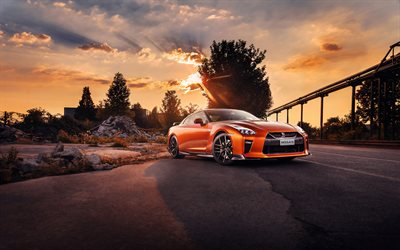 4k, la Nissan GT-R, tramonto, R35, supercar, 2019 auto, arancione GT-R, auto giapponesi, Nissan