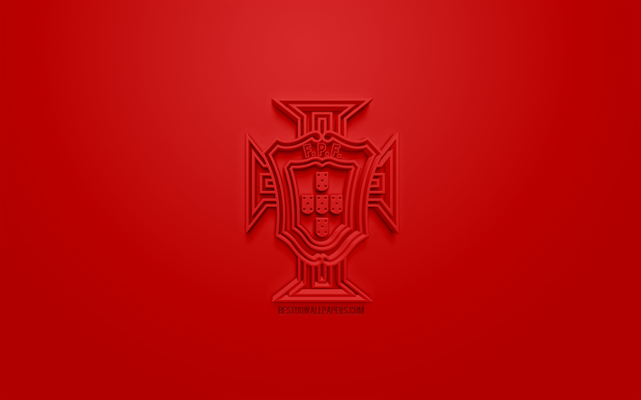 البرتغال فريق كرة القدم الوطني, الإبداعية شعار 3D, خلفية حمراء, 3d شعار, البرتغال, أوروبا, الاتحاد الاوروبي, الفن 3d, كرة القدم, أنيقة شعار 3d