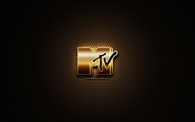 MTV glitter logo, creative, metal grid background, MTV logo, brands, MTV