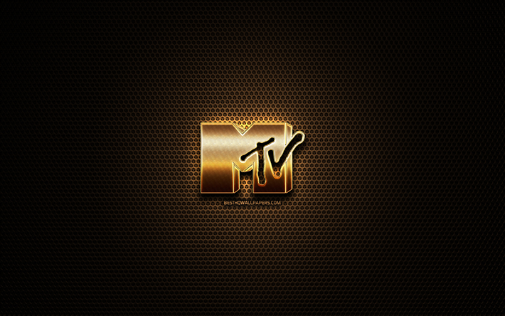 MTV brillo logotipo, creativo, rejilla de metal de fondo, MTV logotipo, marcas, MTV