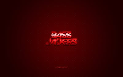 Bassjackers logo, punainen kiilt&#228;v&#228; logo, Bassjackers metalli-tunnus, Hollantilainen DJ, musiikillinen duo, Marlon Flohr, Ralph van Hilst, punainen hiilikuitu rakenne, Bassjackers, merkkej&#228;, creative art