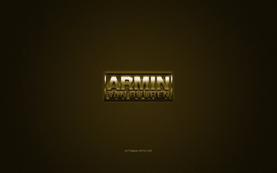 Armin van Buuren-logo, kultaa kiilt&#228;v&#228; logo, Armin van Buuren metalli-tunnus, Hollantilainen DJ, kulta hiilikuitu rakenne, Armin van Buuren, merkkej&#228;, creative art