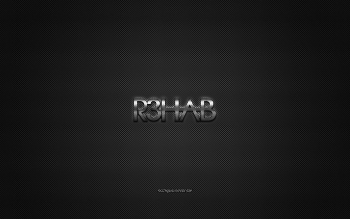 R3hab logo, argento lucido logo, R3hab metallo emblema, un DJ olandese, Fadil El Ghoul, grigio in fibra di carbonio trama, R3hab, marchi, arte creativa
