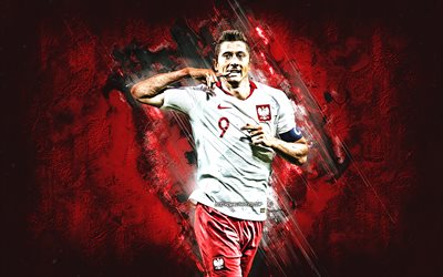 Robert Lewandowski, Polonya Milli Futbol Takımı, portre, Polonyalı futbolcu, forvet, Polonya, kırmızı taş, arka plan, futbol