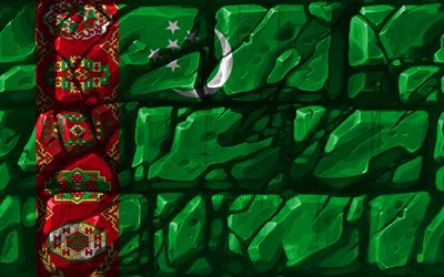 Turkmeno bandiera, brickwall, 4k, paesi Asiatici, simboli nazionali, Bandiera del Turkmenistan, creativo, Turkmenistan, Asia, Turkmenistan 3D bandiera