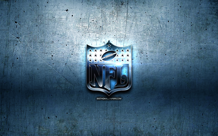 NFL logo in metallo, Lega Nazionale di Football americano, blu, metallo, sfondo, arte, NFL, marche, NFL logo 3D, creativo, NFL logo