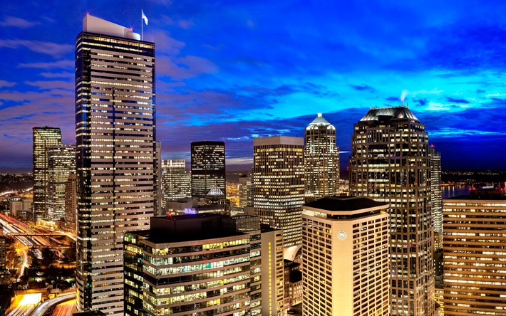 Seattle, modern buildings, american cities, Washington, nightscapes, America, Seattle at night, USA, City of Seattle, Cities of Washington