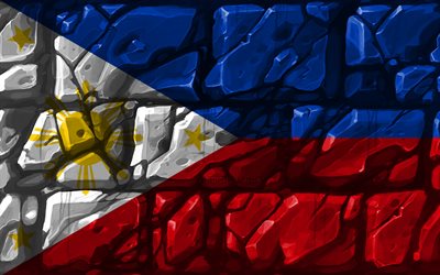 Filipinas bandeira, brickwall, 4k, Pa&#237;ses asi&#225;ticos, s&#237;mbolos nacionais, Bandeira das Filipinas, criativo, Filipinas, &#193;sia, Filipinas 3D bandeira