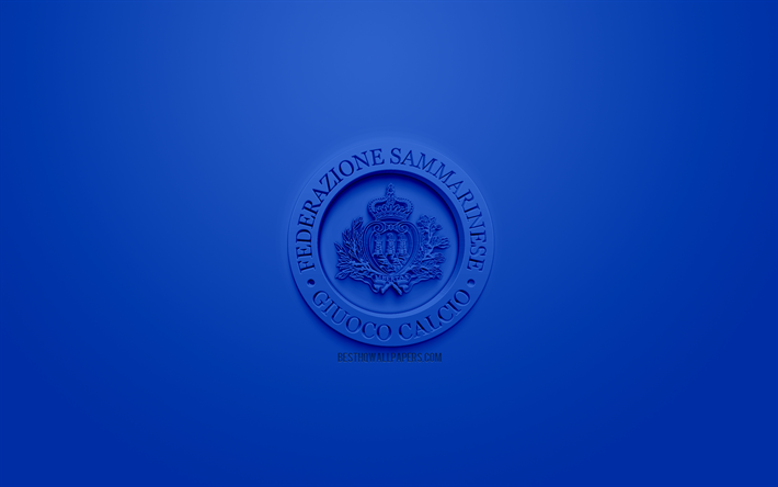 San Marinon jalkapallomaajoukkueen, luova 3D logo, sininen tausta, 3d-tunnus, San Marino, Euroopassa, UEFA, 3d art, jalkapallo, tyylik&#228;s 3d logo