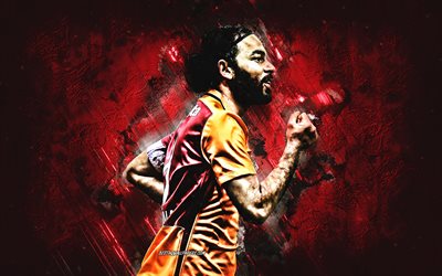 Selcuk Inan, Galatasaray, Turkin jalkapalloilija, keskikentt&#228;pelaaja, muotokuva, viininpunainen kivi tausta, jalkapallo, Turkki