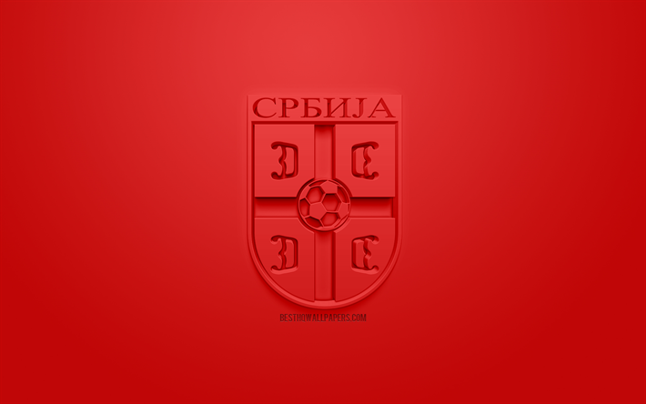 La serbie &#233;quipe nationale de football, cr&#233;atrice du logo 3D, fond rouge, 3d embl&#232;me, la Serbie, l&#39;Europe, l&#39;UEFA, art 3d, le football, l&#39;&#233;l&#233;gant logo 3d