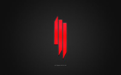 Skrillex-logo, punainen kiilt&#228;v&#228; logo, Skrillex metalli-tunnus, Amerikkalainen DJ, Sonny John Moore, harmaa hiilikuitu rakenne, Skrillex, merkkej&#228;, creative art