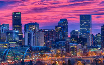 Denver, 4k, moderneja rakennuksia, sunset, Colorado, USA, amerikan kaupungit, Amerikassa, Denver illalla, HDR, Kaupungin Denver, Kaupunkien Colorado