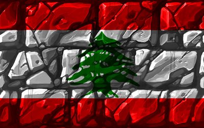 Libanesisk flagga, brickwall, 4k, Asiatiska l&#228;nder, nationella symboler, Flaggan i Libanon, kreativa, Libanon, Asien, Libanon 3D-flagga