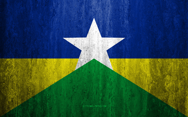 Flag of Rondonia, 4k, stone background, Brazilian state, grunge flag, Rondonia State flag, Brazil, grunge art, Rondonia, flags of Brazilian states