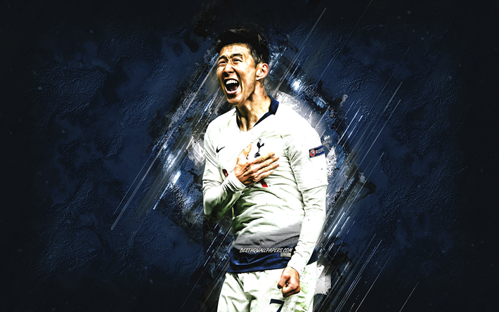 Son Heung-min, de corea del Sur futbolista, el delantero del Tottenham Hotspur FC, retrato, azul creativa de fondo, futbolistas de la Premier League, Inglaterra, f&#250;tbol