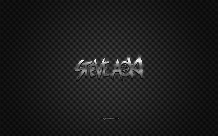 Steve Aoki-logo, harmaa kiilt&#228;v&#228; logo, Steve Aoki metalli-tunnus, Amerikkalainen DJ, Steve Hiroyuki Aoki, harmaa hiilikuitu rakenne, Steve Aoki, merkkej&#228;, creative art