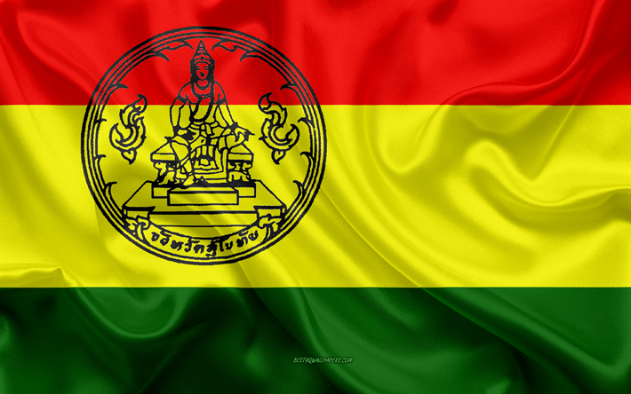 flagge der provinz sukhothai, 4k, seide flagge, in der provinz von thailand, seide textur, sukhothai, fahne, thailand, sukhothai province